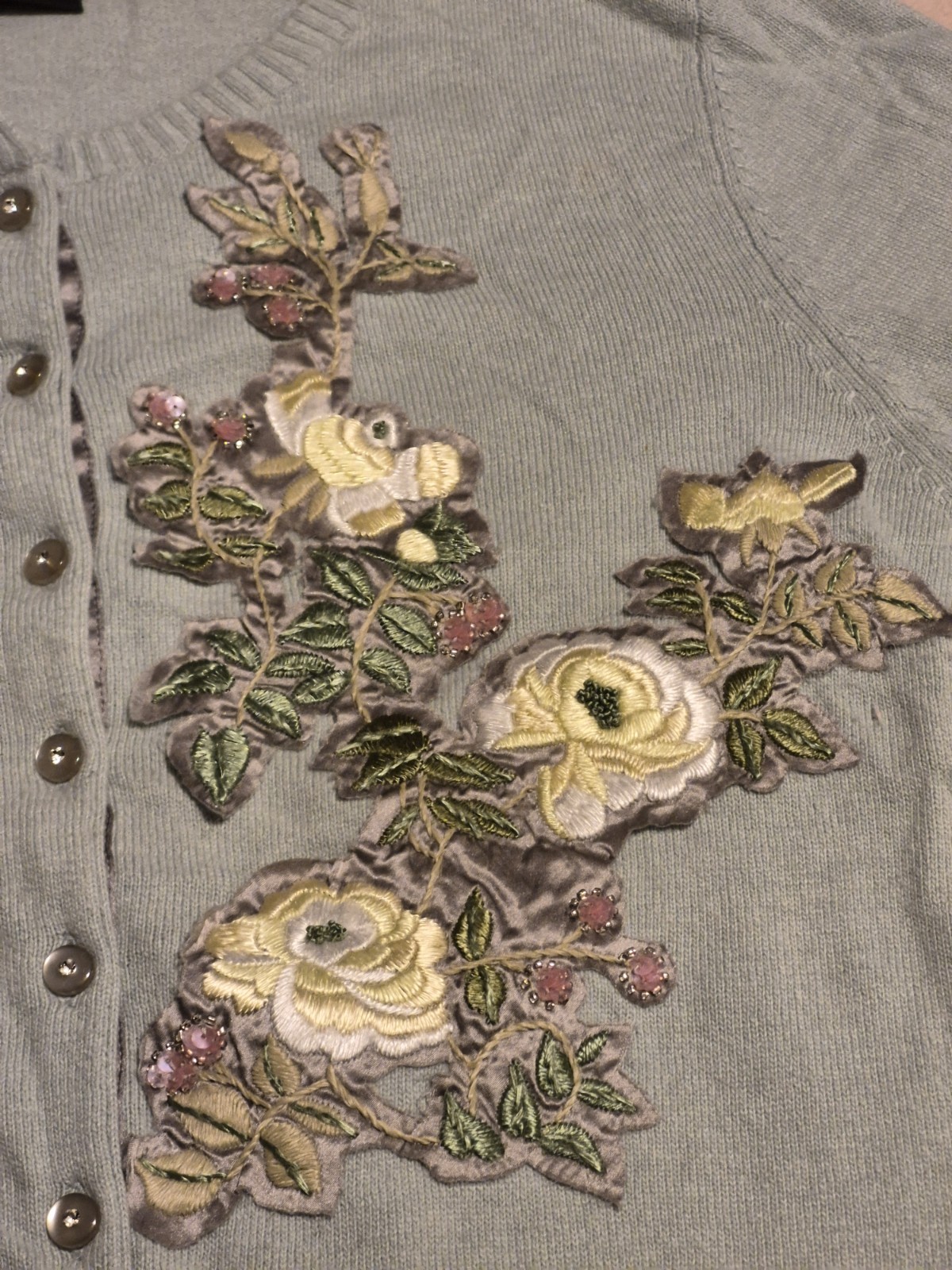 Principles Petite Cardigan Size 16 Light Green Floral Embroidered Cashmere Blend image 3