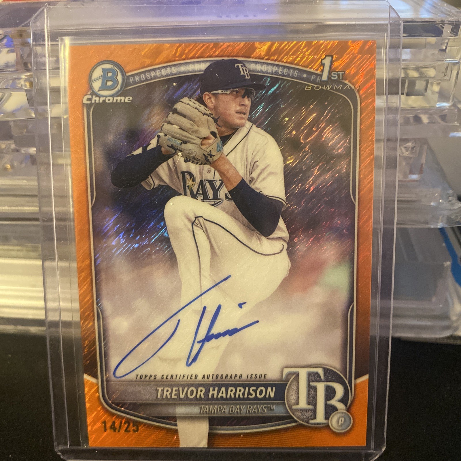 Trevor Harrison 2025 Bowman Chrome 1st ORANGE Shimmer Auto /25 Rays CPA-THA