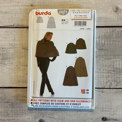 Burda 8021 Sewing Pattern Cape Coat Front Buttons Collar Miss Sz 10-24 UNCUT