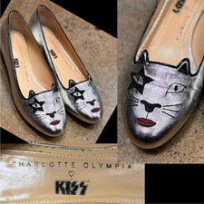 CHARLOTTE OLYMPIA Silver Kiss Kitty Ballet Flats 2015 Shoes RARE Sz. 37 1/2
