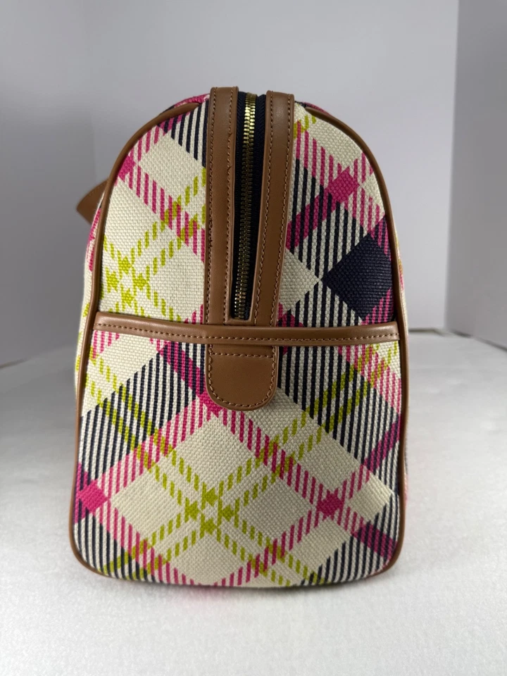 Spartina Leather & Linen Duffle Everett Plaid Pink Lime Blue Preppy - Image 4 of 4