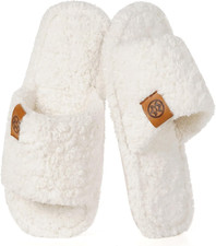 Fuzzy Open Toe Slippers for Women Soft Memory Foam Indoor House 7-8 White