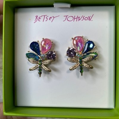 Betsey Johnson Pearl Dragonfly Flower Rhinestone Stud Earrings NEW