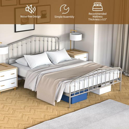 Queen Size Metal Bed Frame Platform Headboard & Footboard W/Storage Sliver - Picture 6 of 9