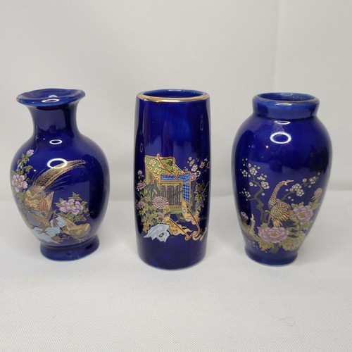 VTG Cobalt Blue Miniature Vases with Gold Accents Set of 3 Japan 3.75"