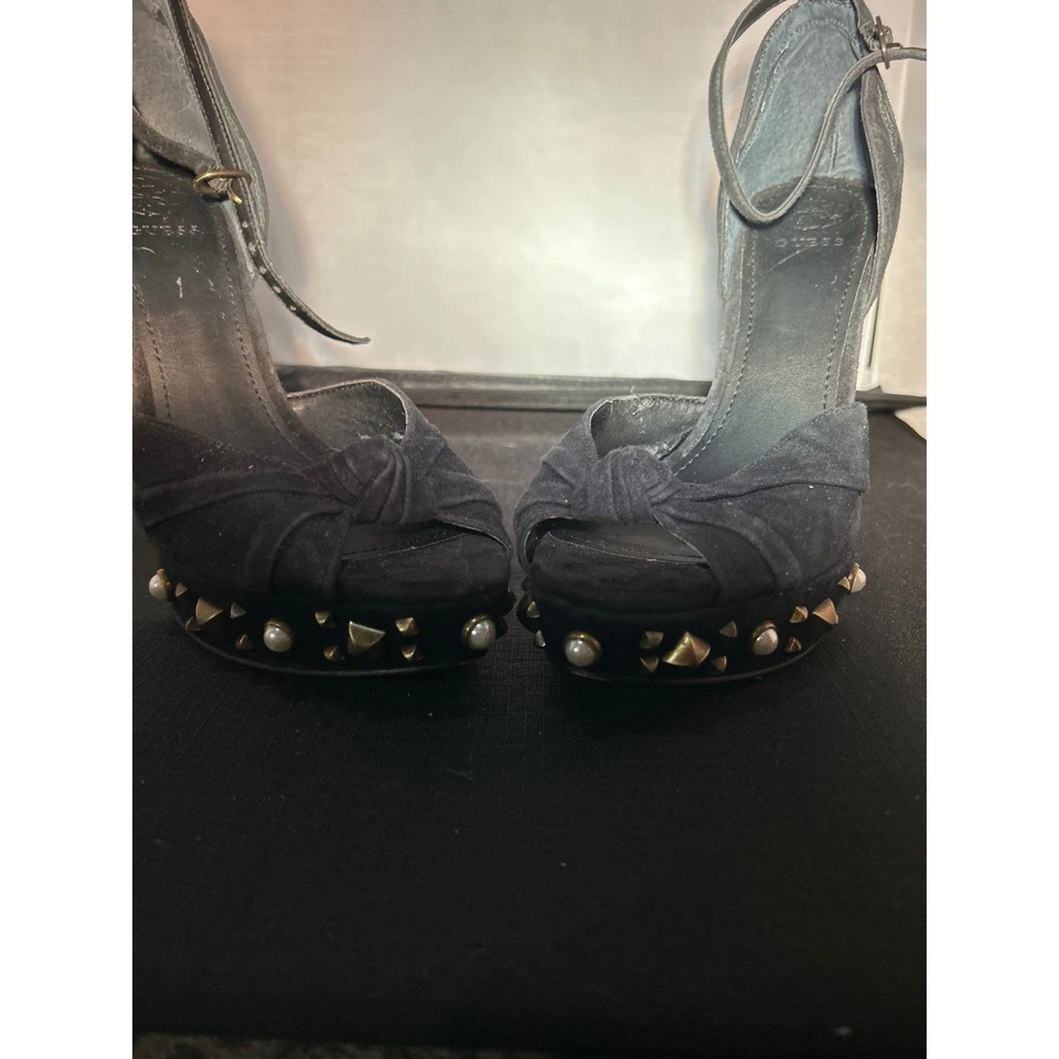 Guess Black Suede Studded Platform Heels Knot Peep Toe Ankle Strap Pumps 8M - Image 2 of 4