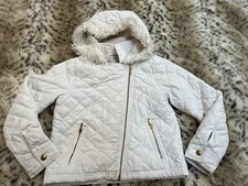 Gymboree Girls White Quilted Jacket With Fur Lined Hood Sz M 7/8