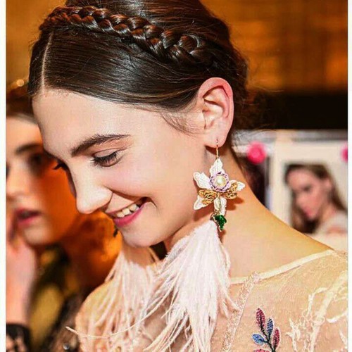 Light Pink Faux Feathers, Lace And Pearl Flower Drop Earrings - Picture 2 of 4
