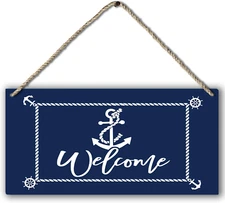 Nautical Anchor Welcome Sign with Rope - Rustic Coastal Decor 12x6 Inches