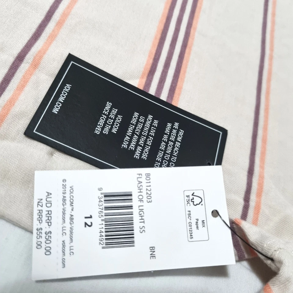Volcom T-Shirt Tee Beige Short Sleeve Striped Round Neck BNWT Women Size 12 - Image 4 of 4
