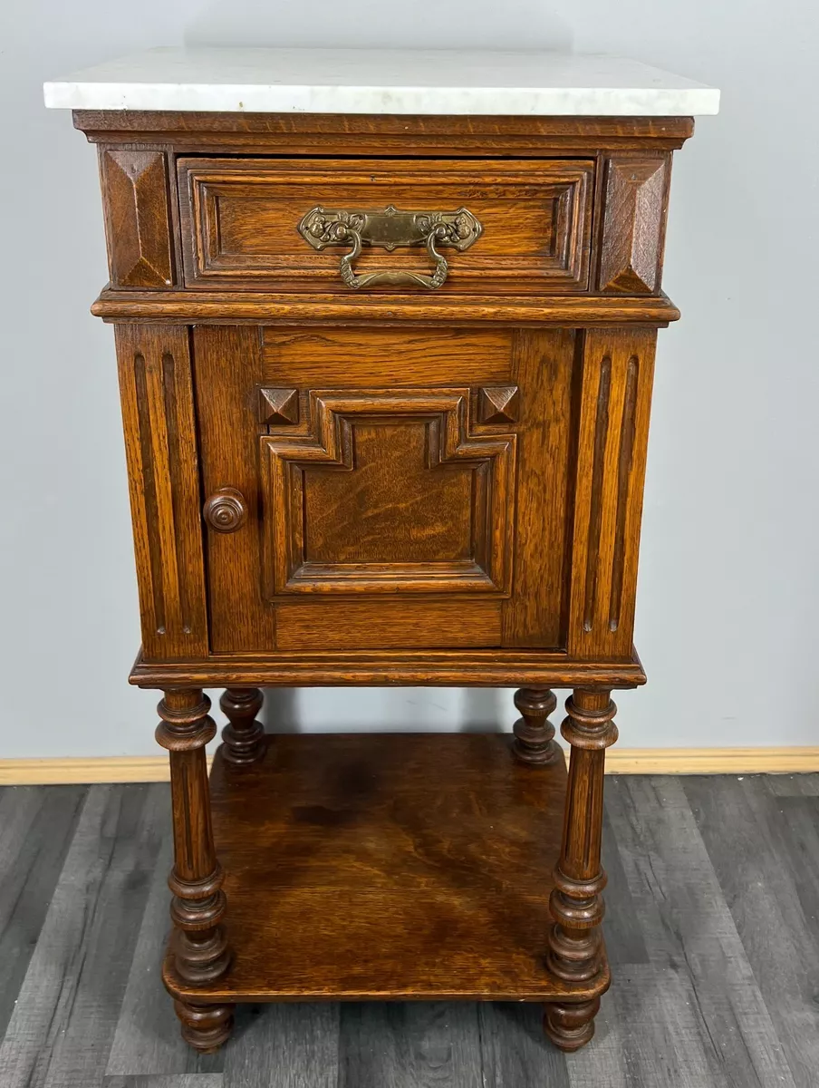 Carved French Antique Bedside Table Cupboard Cabinet With Marble