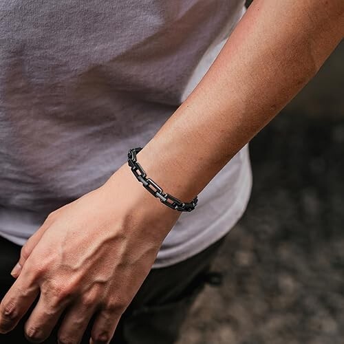Bracelets for Men,Black Stainless Steel for Men Bracelets,Trendy Paperclip Short - Picture 5 of 6