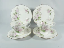 Vintage Pair of Heathcote Bone China Teacup Trios Set Cup Saucer Plate Floral
