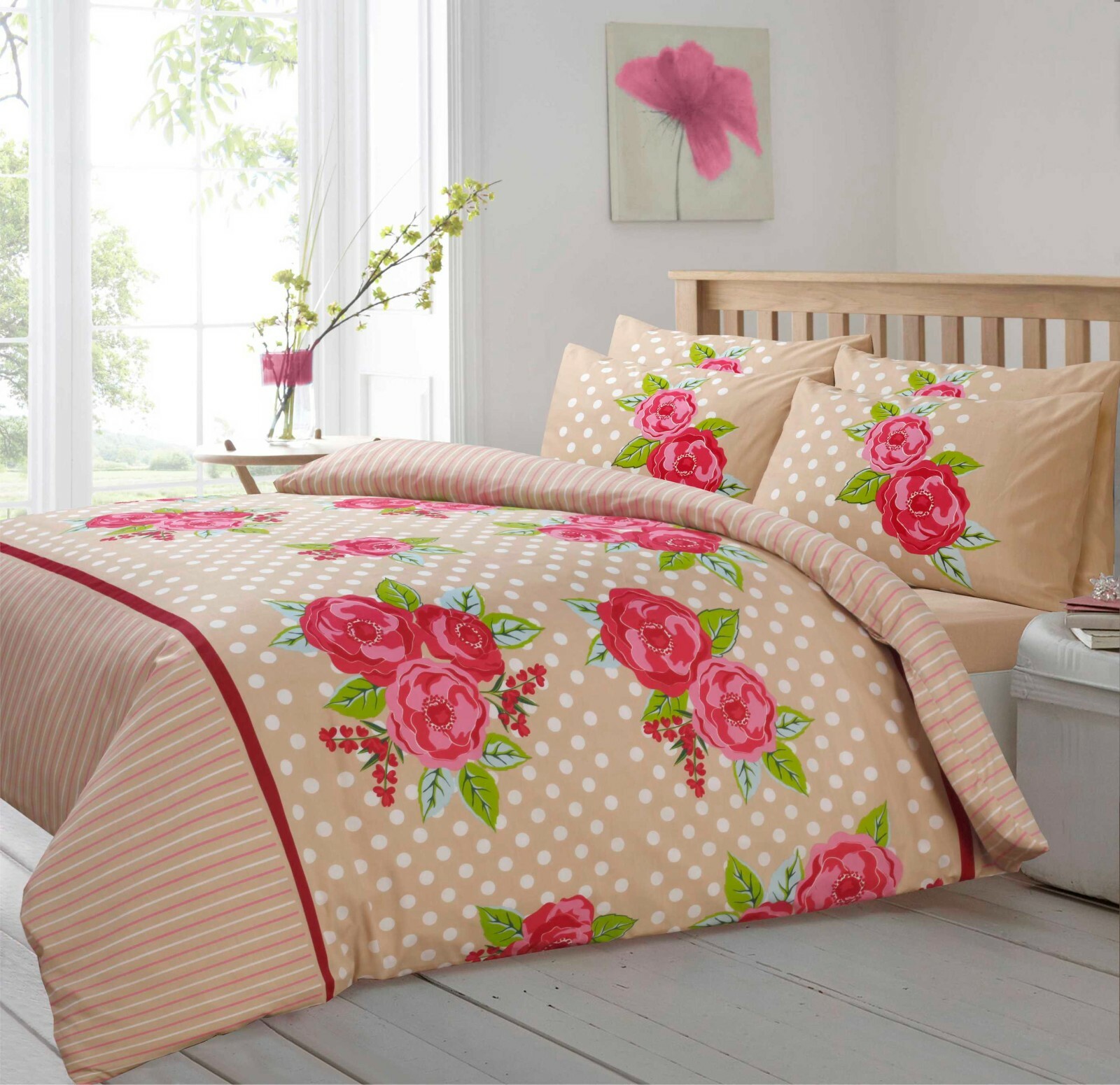 Floral Bedding Duvet Set Polka Dot Leaf Red Blue Pink Grey Stripe