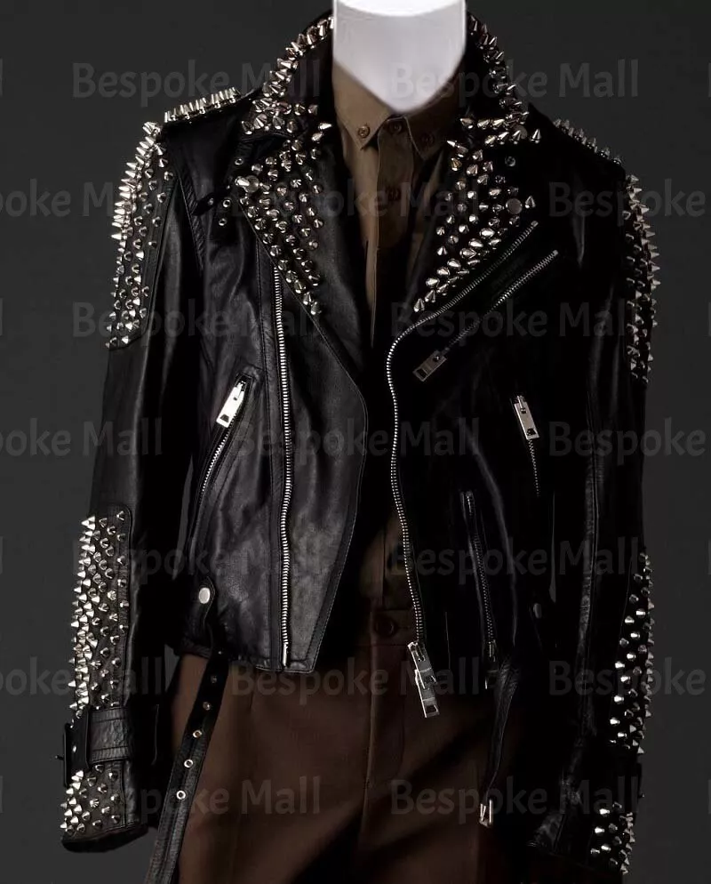 Mens leather clearance jacket with studs