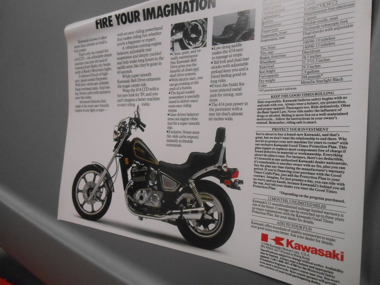Kawasaki Dealer Features & Specification Brochure Chart 1989 454 LTD EN450-A5