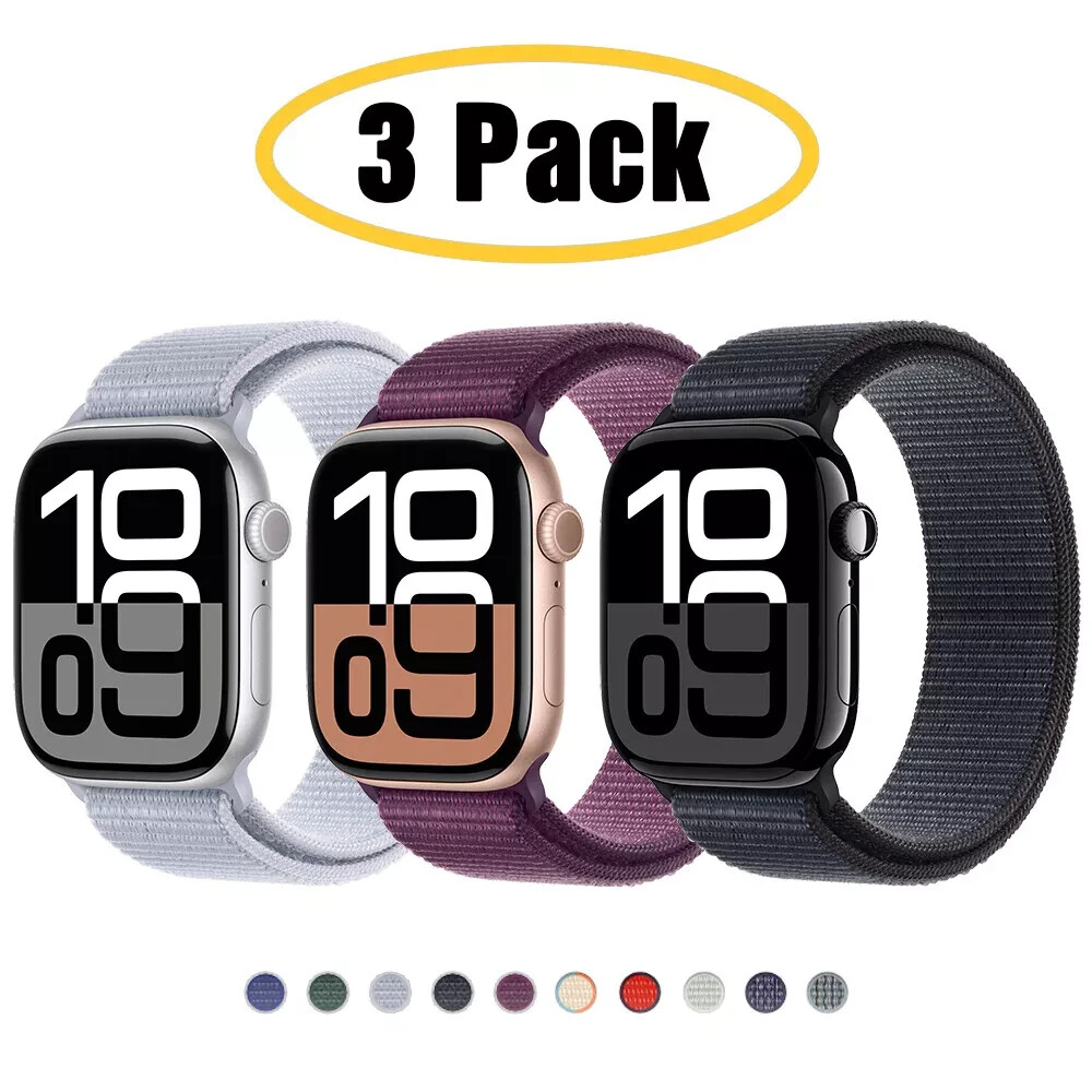 3 PACK Nylon Sport Loop Band for Apple Watch 10 9 8 7 6 5 SE 40/44/41/45/42/46mm