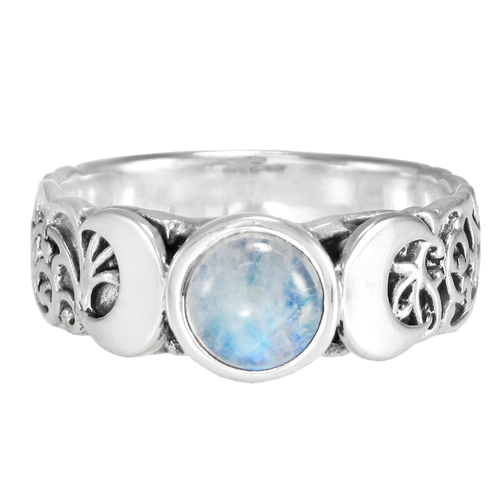 Sterling Silver Moon Phases Ring With Rainbow Moonstone - Sizes 4-12, 7mm Wide Band