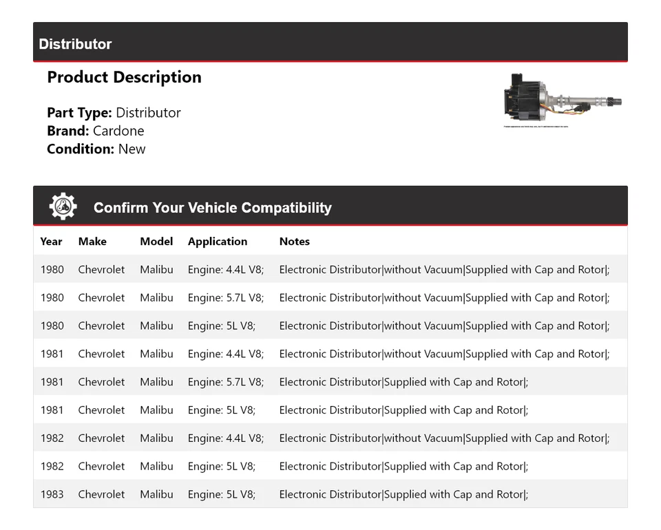 For 1980-1983 Chevrolet Malibu Distributor Cardone 1981 1982 - Image 2 of 4