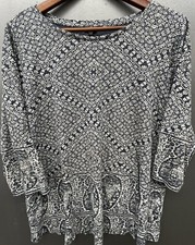 Lucky Brand Shirt Women 1X Blue Paisley Mandala 3/4 Sleeve Boho Comfy Top Blouse