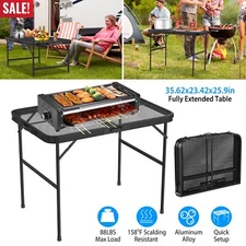 Folding Grill Table Camping Table with Mesh Desktop Height Adjustable Outdoor