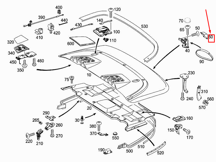 Cache charnière de toit rabattable pour Mercedes-Benz E Cabrio A207 A2096930033