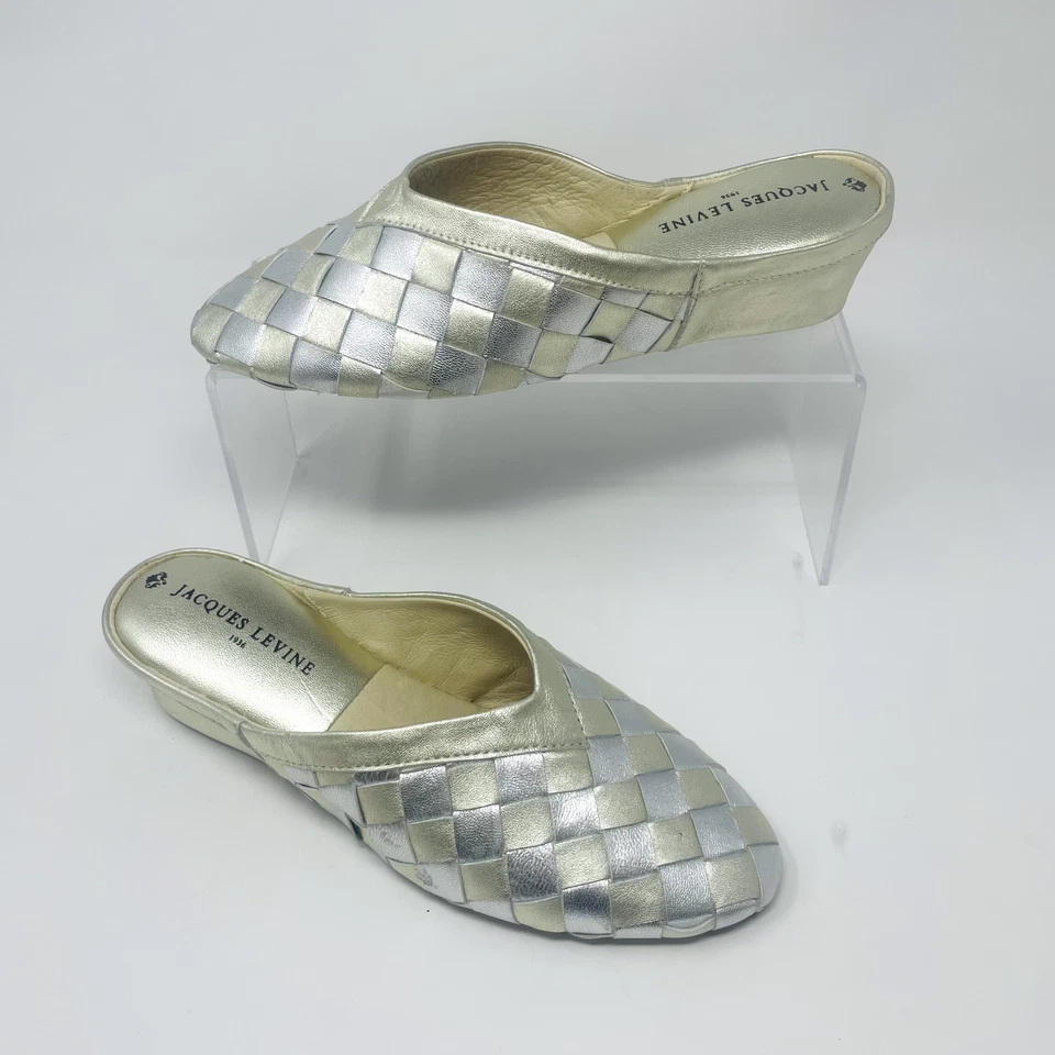 Zapatillas de dormitorio Jacques Levine 4640 de cuero metálico dorado plateado talla 5 Foto 2 de 4