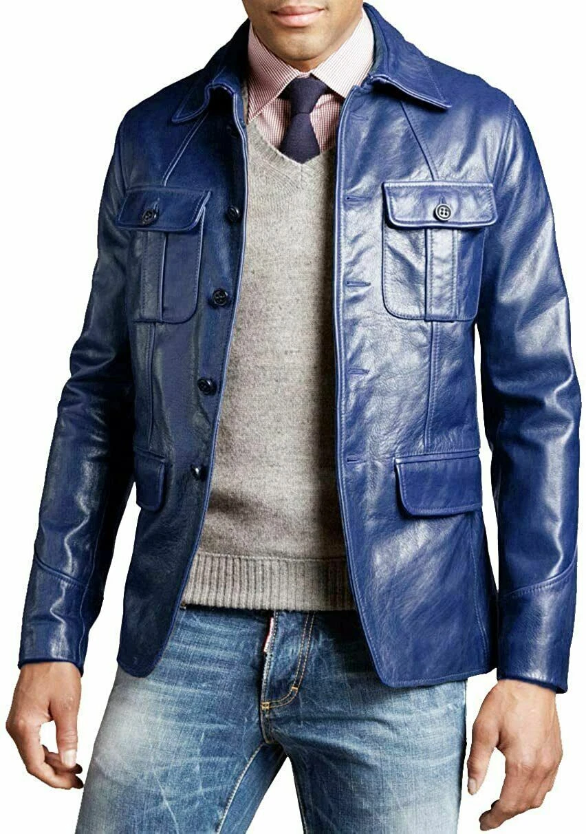 Genuine Leather Jacket Blazer for Men Biker Real Lambskin Leather Blue Soft Coat