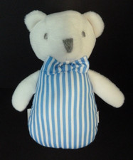 se. Petit Doudou JACADI OURS blanc rayé bleu noeud papillon 14cm ETAT NEUF*