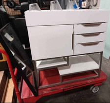 White Single Sink Bathroom Vanity, Freestanding Metal Base, 3 Drawers, Shelf