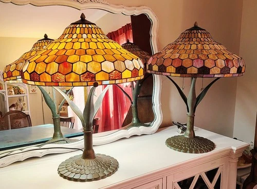 1 Vintage Table Lamp Tiffany Style Stained Glass By Tania Bricel 3 Light 28"