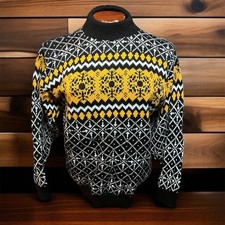 VINTAGE 80s Fair Isle Sweater Size L Knit Yellow Black Mock Neck Ski Wear