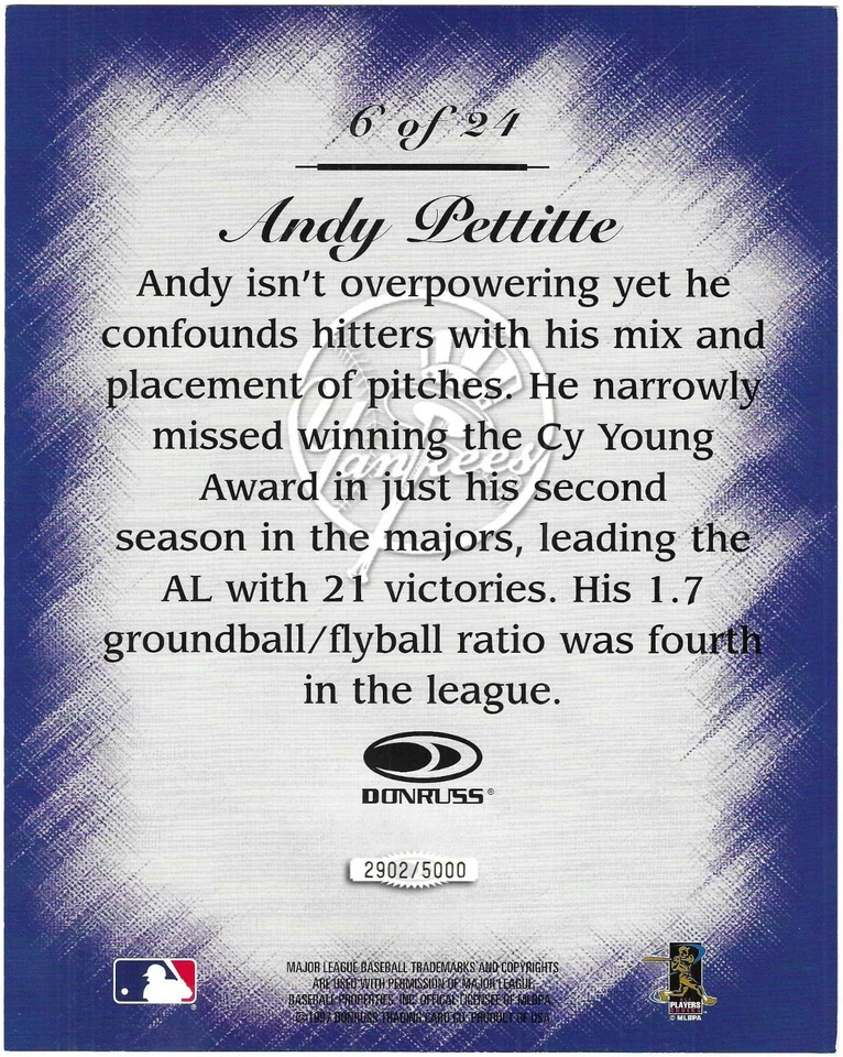 Andy Pettitte 1997 DONRUSS STUDIO MLB MASTER STROKES 8X10 JUMBO CARD #6 Yankees - Image 2 of 2