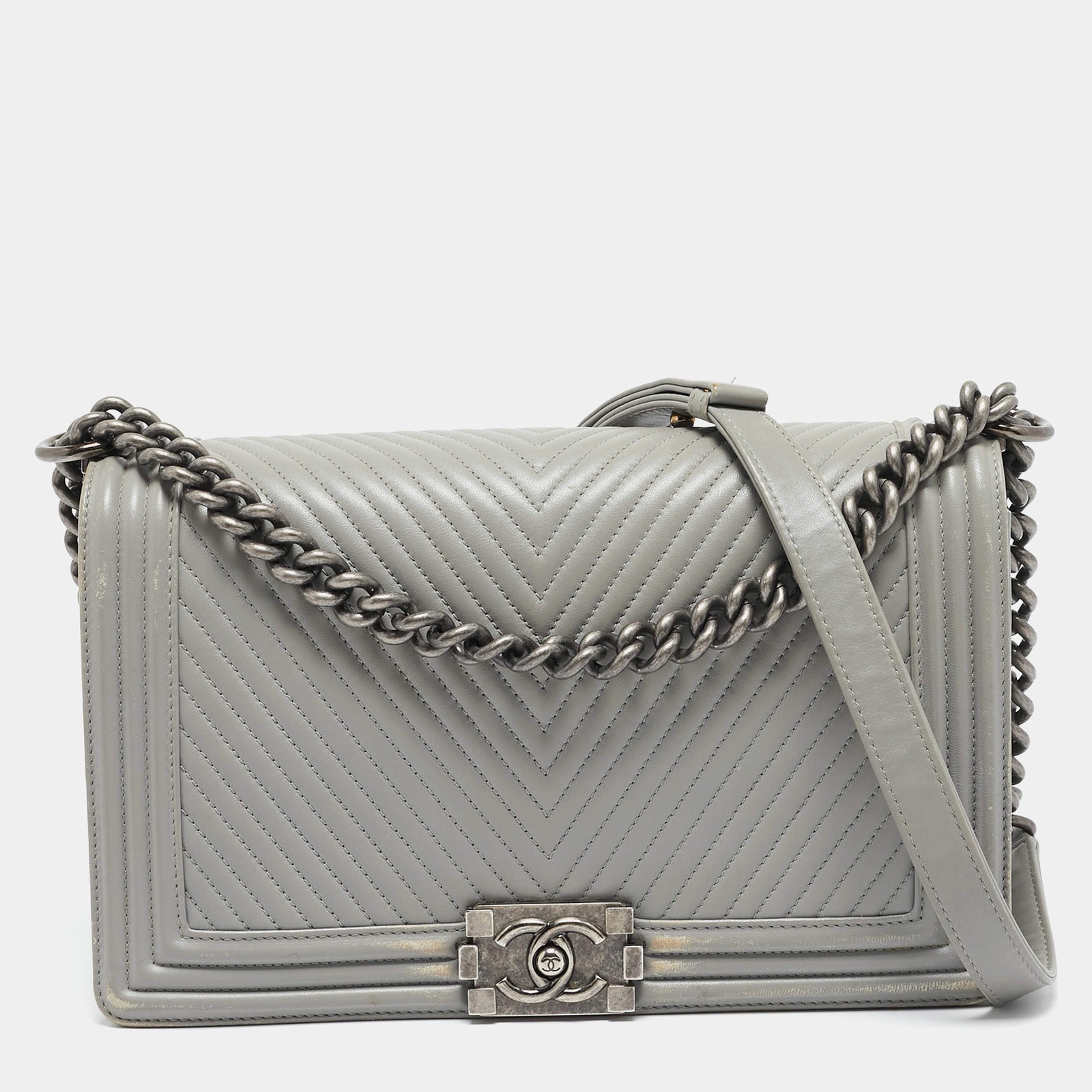 Chanel Grey Chevron Quilted Leather New Medium Boy Bag