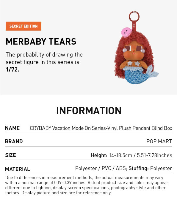 Authentic Crybaby Vacation Mode On Series Vinyl Plush Pendant