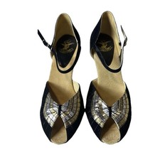 Stoney Bird Dancing Shoes Black Suede Metallic Gold 1930  s Retro Vibe Sz 9 Women