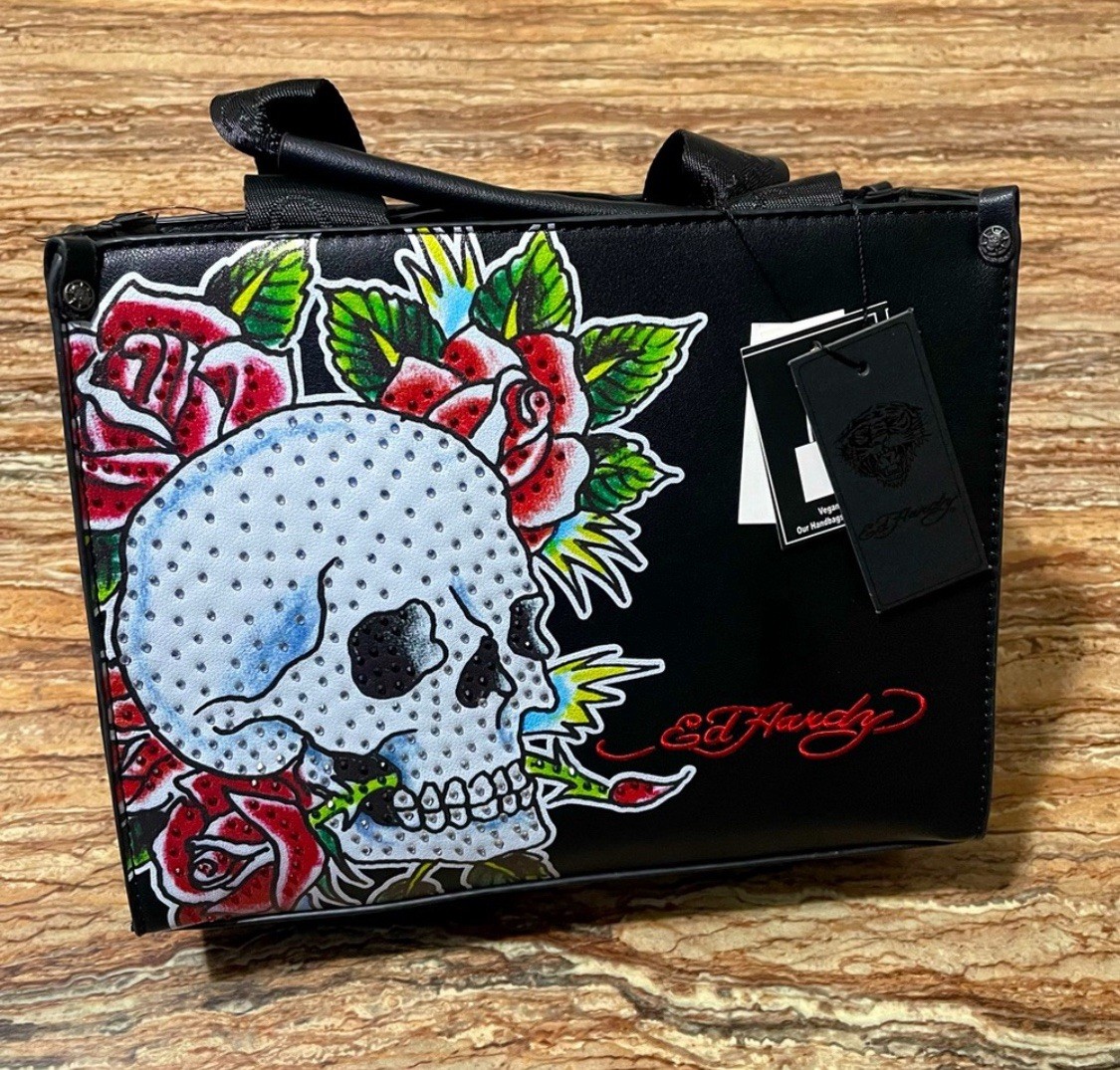 ED Hardy Bag Black Tote Bag Bling Skull and Roses Logo Handbag