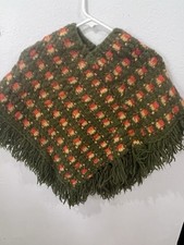 Vintage Handmade Kids Crochet Poncho Green Orange Granny Square Fringe
