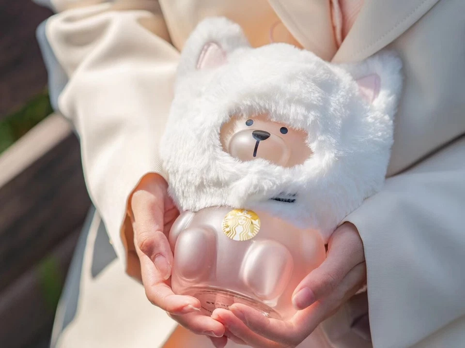 China Starbucks Pink Sakura Cat Cap Bear 19oz Glass Straw Cup Tumbler/pink^^ - Image 3 of 4