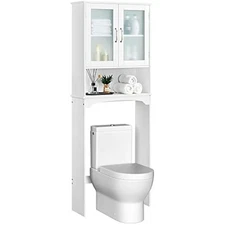 Over the toilet storage cabinet with double tempered glass doors and a