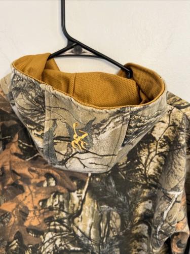 Camo Browning Real Tree Camp Hoodie Medium Lettering Lined Hood Hunting Outdoor - Picture 11 of 13