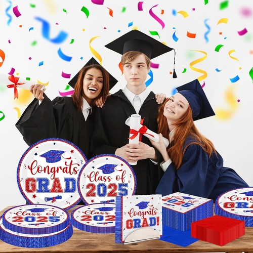 Graduation Decorations 2025,Red and Blue Graduation Plates and Napkins 2025,200P - Picture 2 of 5