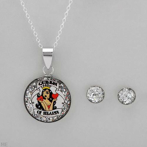 Ensemble bijoux Queen of Hearts collier et boucles d'oreilles en argent sterling 925 - Photo 1/2