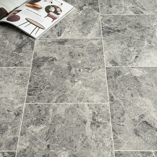 Grey Marble Tile Effect Vinyl Flooring Felt Backed Bathroom Kitchen