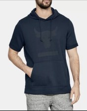 Men Under Armour Project Rock Terry Short Sleeve Hoodie Navy 1345818-408 Size XL