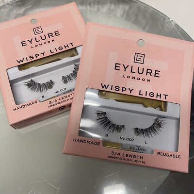 New 2 Eylure False Eyelashes Black Wispy Light 3/4 Length Reusable Glue Included