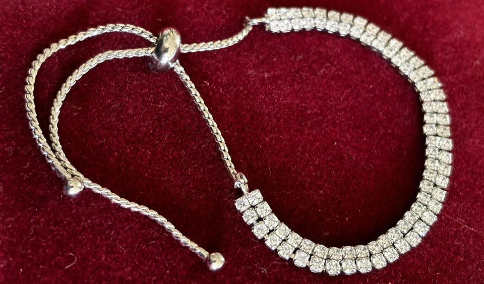 Pulsera Diva Tenis Plata Pelota Deslizante 2 Filas Circonita Abierta Espalda Ajuste Ajustable Foto 4 de 4