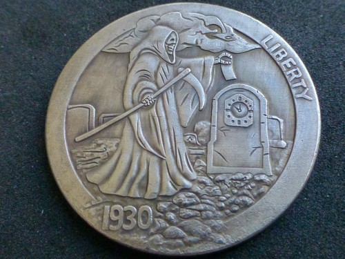 Hobo Münze Engel des Todes Uhrung in Fantasy Dollar Unikat Hobo Kunst