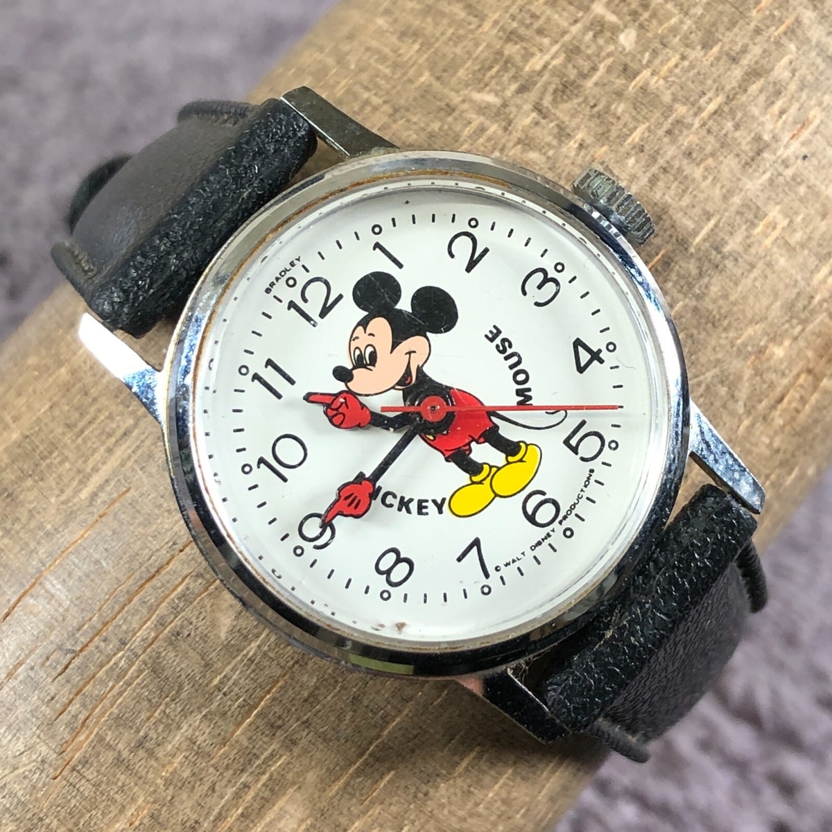 Vintage Bradley Mickey Mouse Watch | Black Leather Band | Runs Great | Disney A Swiss made Bradley brand Mickey Mouse watch. This one sold  main image 2