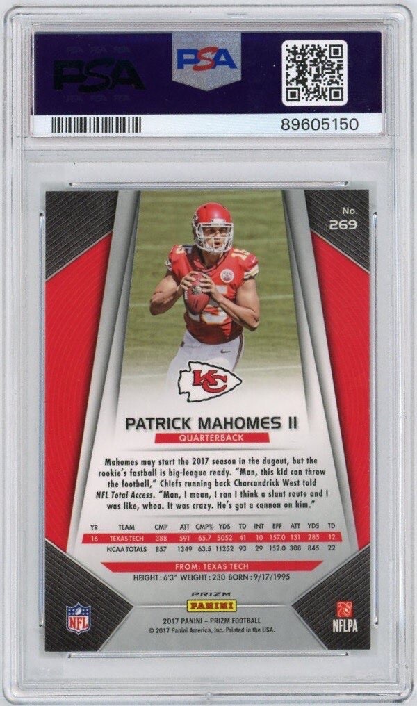 Patrick Mahomes II Signed 2017 Panini Silver Prizm Rookie Card PSA 9/GEM 10 AUTO view 2
